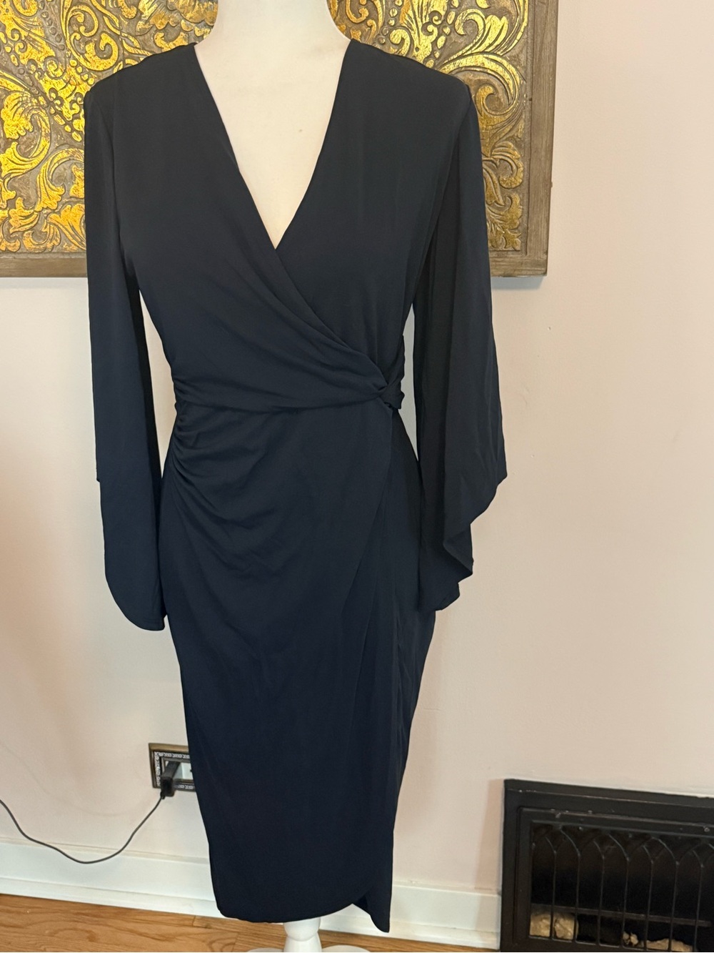 Iris Setlakwe Navy Blue Ruched Faux Wrap Midi Dress Medium